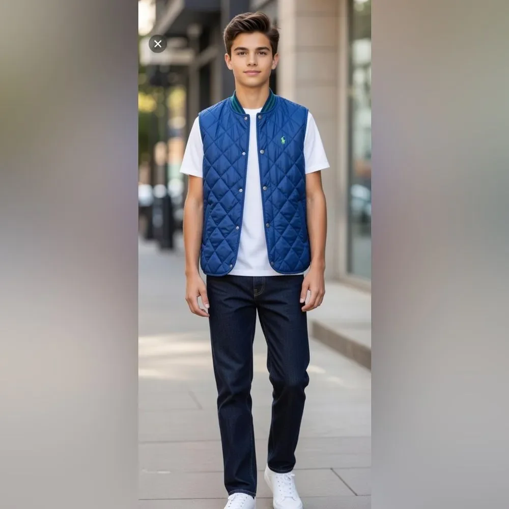 Polo Ralph Lauren Boys L Navy Water Resistant Diamond Quilted Vest Navy Blue